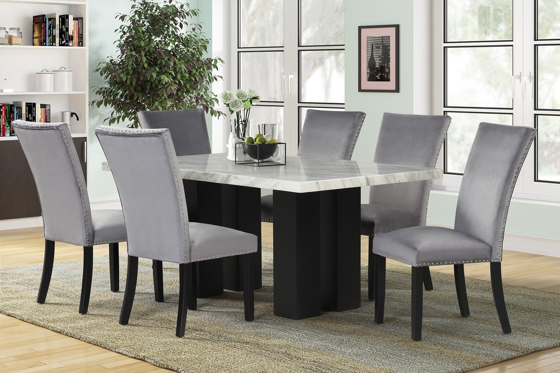 1220 Gray - (FAUX MARBLE) Dining Table + 6 Chair Se
