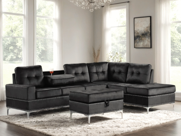 Anserra Black Reversible Sectional + Ottoman Set