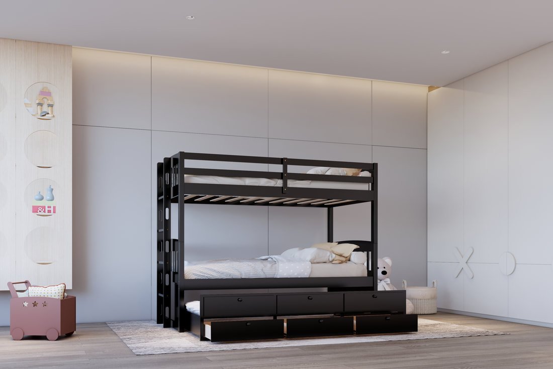 BB42 TWIN/TWIN Bunk Bed w/Twin Trundle + 3 Drawers (Black)