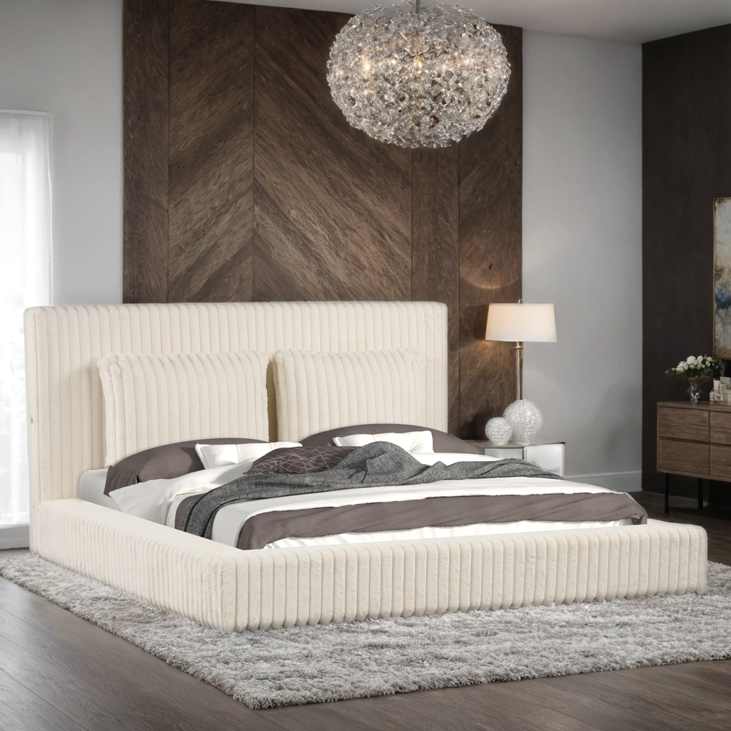 Lauren Beige Platform Bed (w/ USB PORTS) - Queen, King