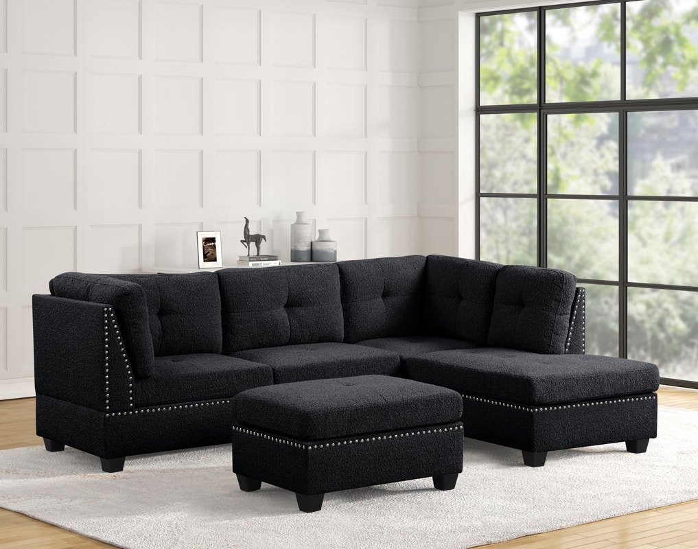 Sienna Boucle Black Sectional + Ottoman Set