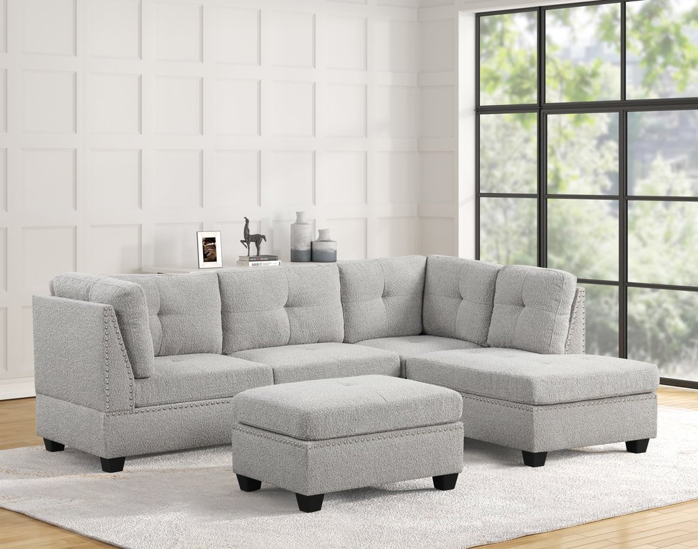 Sienna Boucle Gray Sectional + Ottoman Set